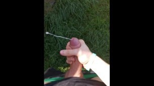 Public Jerking a 7 Inch with Huge Load on Grass