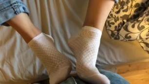 Blonde Teen in White Ankle Socks Teasing Cock in Pants