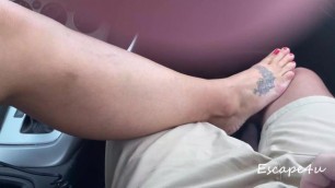 MILF gives Handjob in Car while Barefooted on Pedals