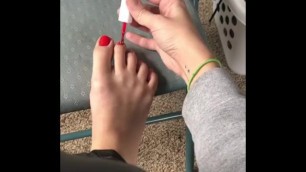 Painting my Toenails Sexy Red Size 11 Soft Feet