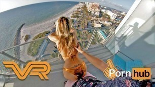 VR EXHIBITIONIST BEACH BUNNY GETS FUCKED OVER a PUBLIC BALCONY & SWALLOWS!